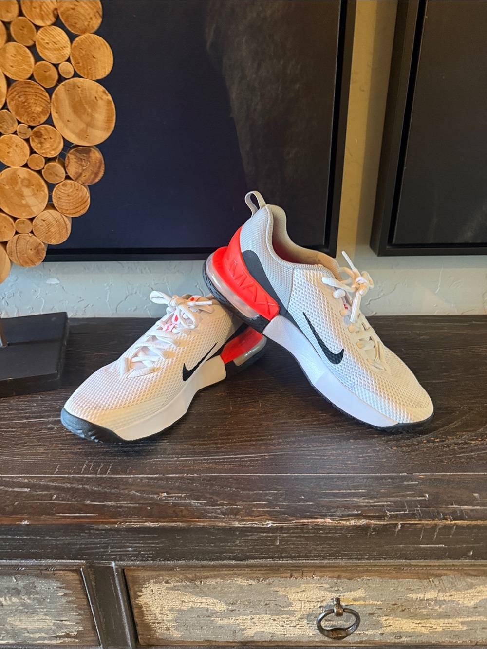 Nike Men’s White Mesh Athletic Sneakers with Red and Black Accents